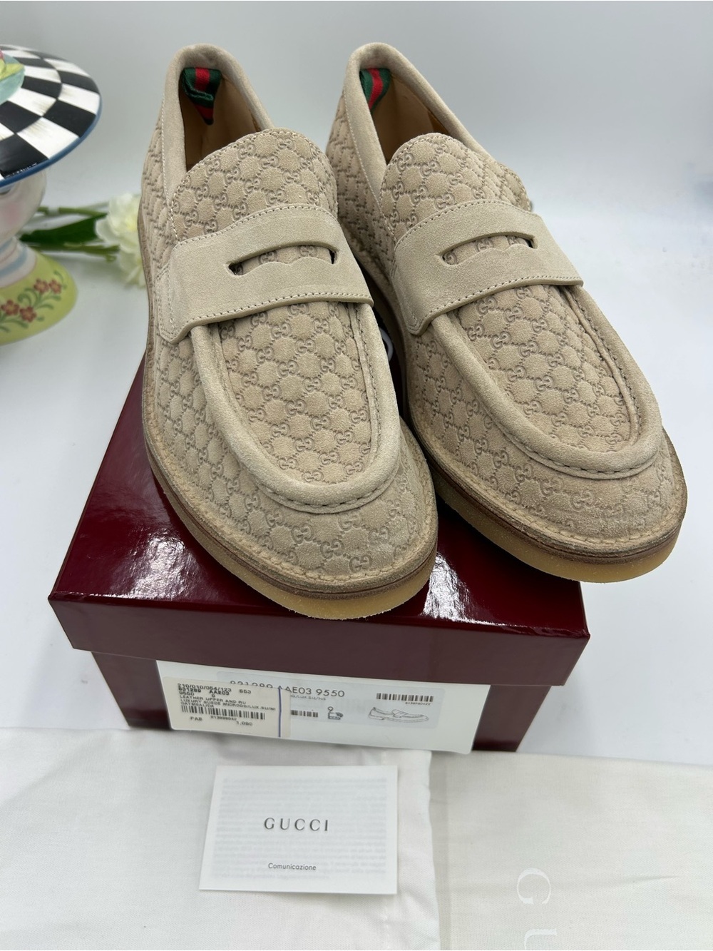 Men's Gucci suede GG monogram web loafers size 9 fits 9.5 US made in Italy